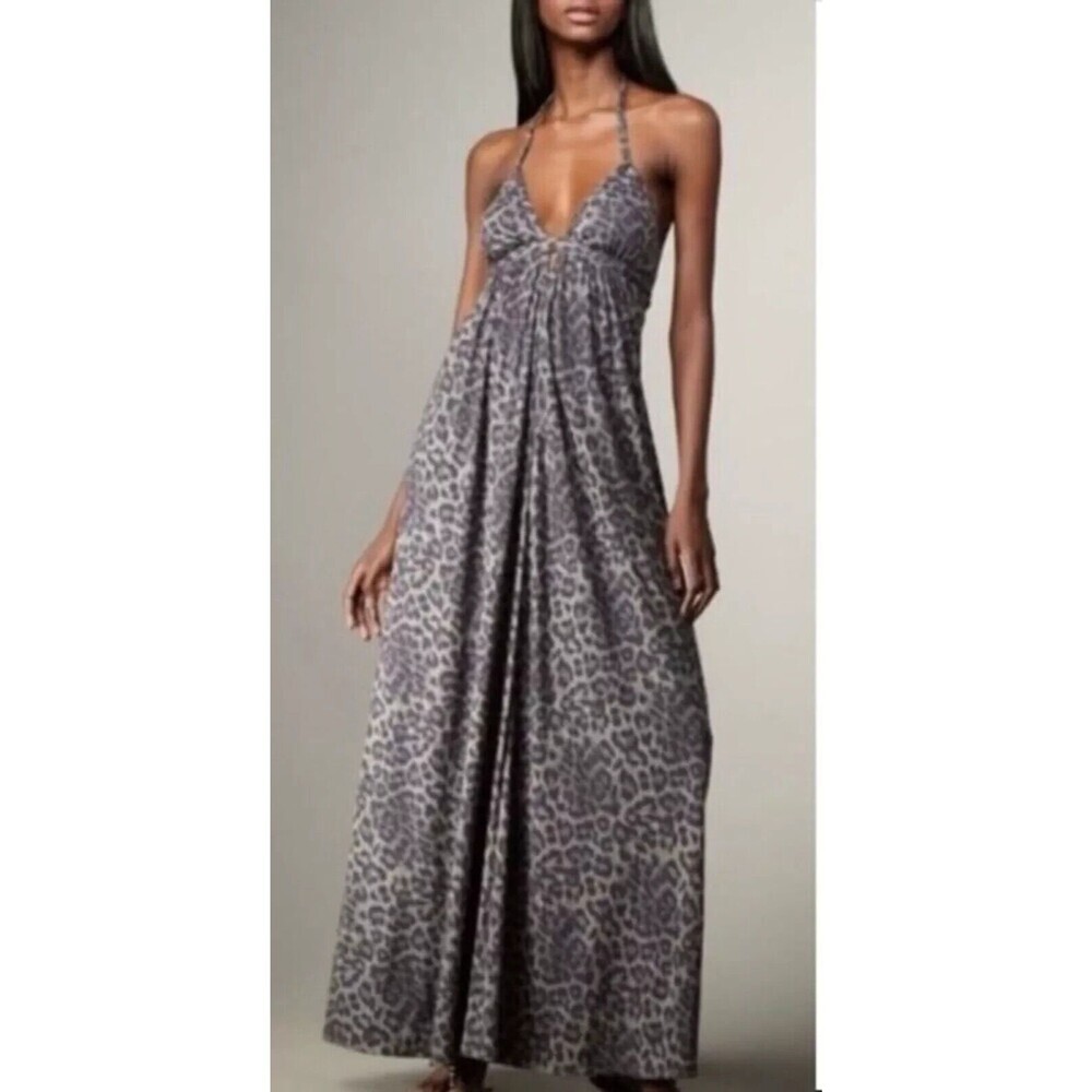 Rebecca Taylor Snow Leopard Halter Maxi Dress Goddess  Boho Animal Print Party M